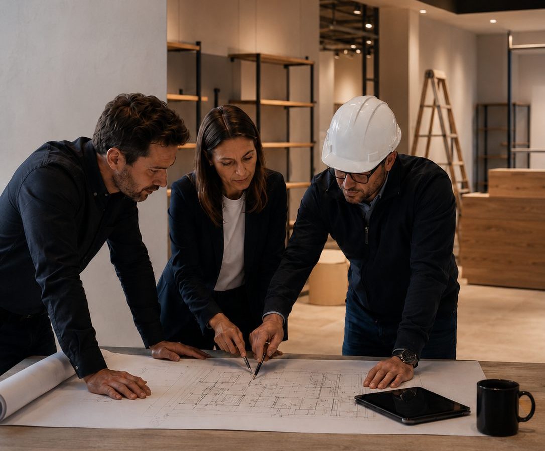 Réunion de suivi de chantier autour de plans d'exécution, dans un local commercial en cours d'aménagement