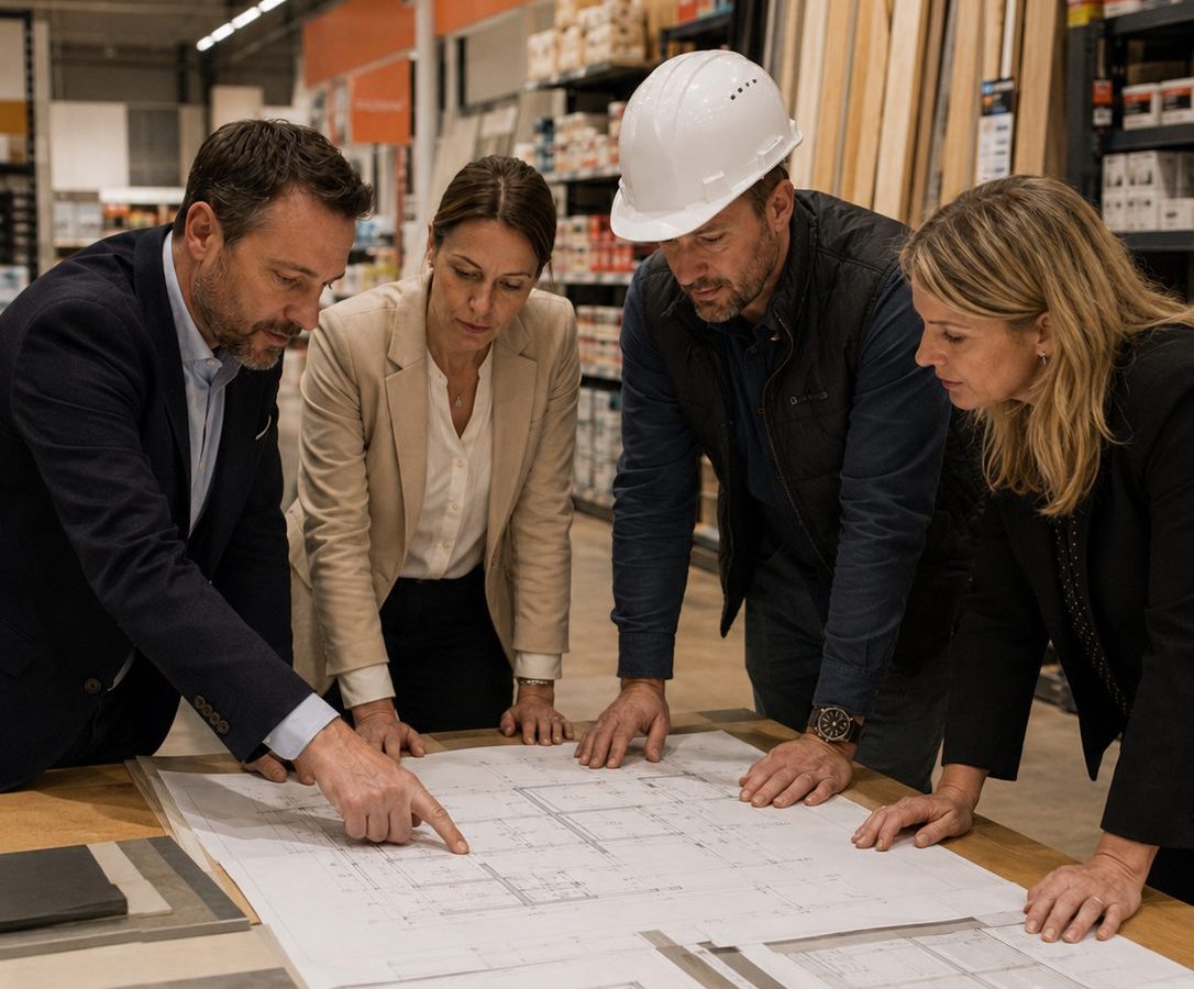 Réunion de projet avec plans d'aménagement et échantillons de matériaux dans un magasin de bricolage