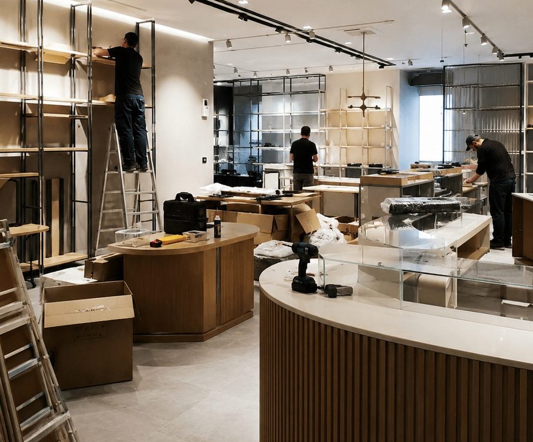 Agencement intérieur d'un magasin en cours de finition, avec mobilier bois et éclairage sur rail