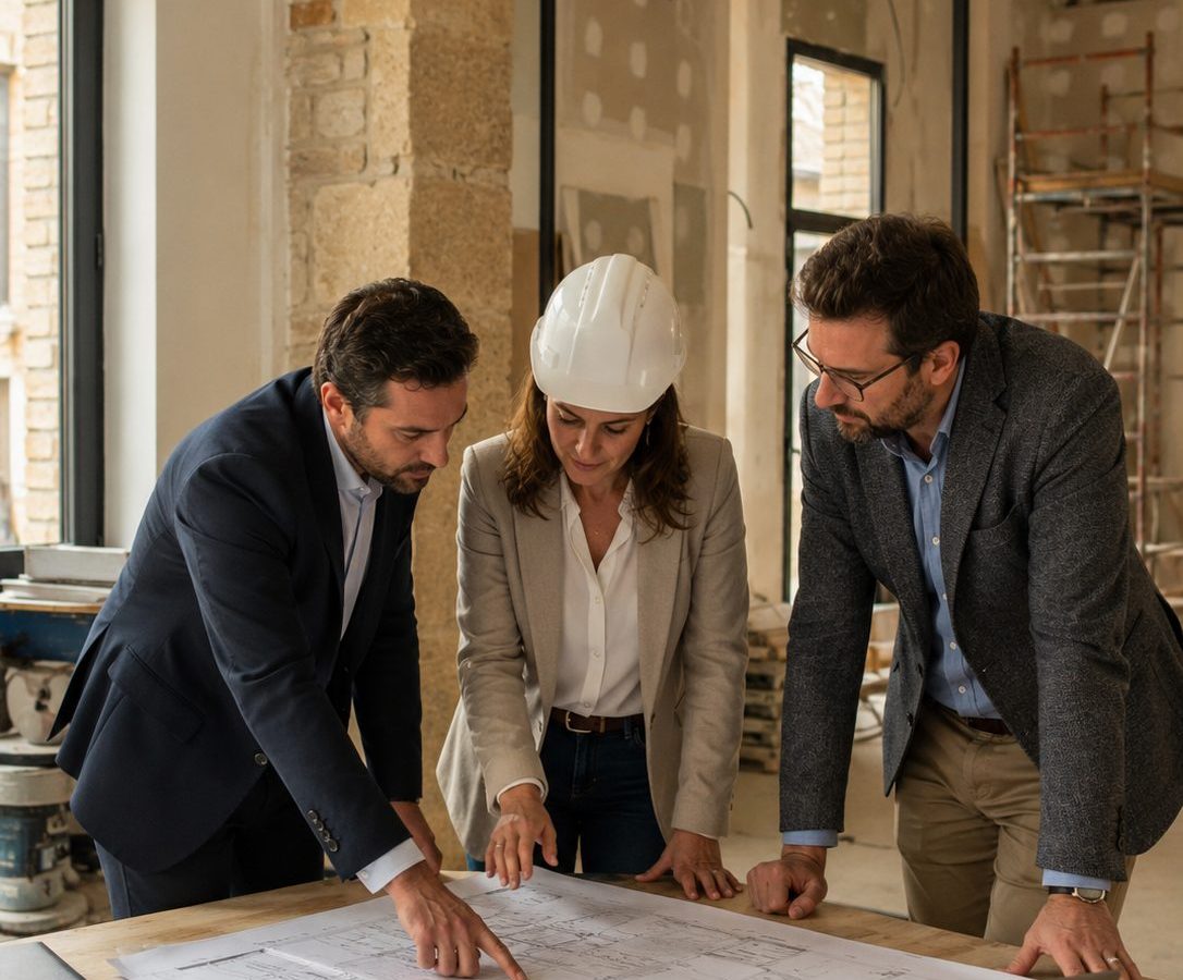 Réunion de suivi de chantier dans un local en cours de rénovation, avec plans et ordinateur portable