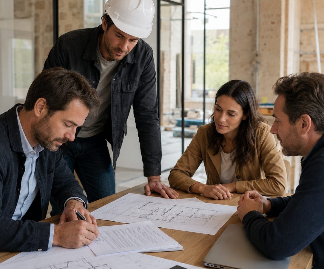 Reunion de chantier animee par un contractant general avec plans et documents