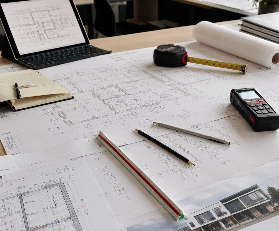 Plans et releves techniques deployes sur une table dans le cadre d'une mission de maitrise d'oeuvre