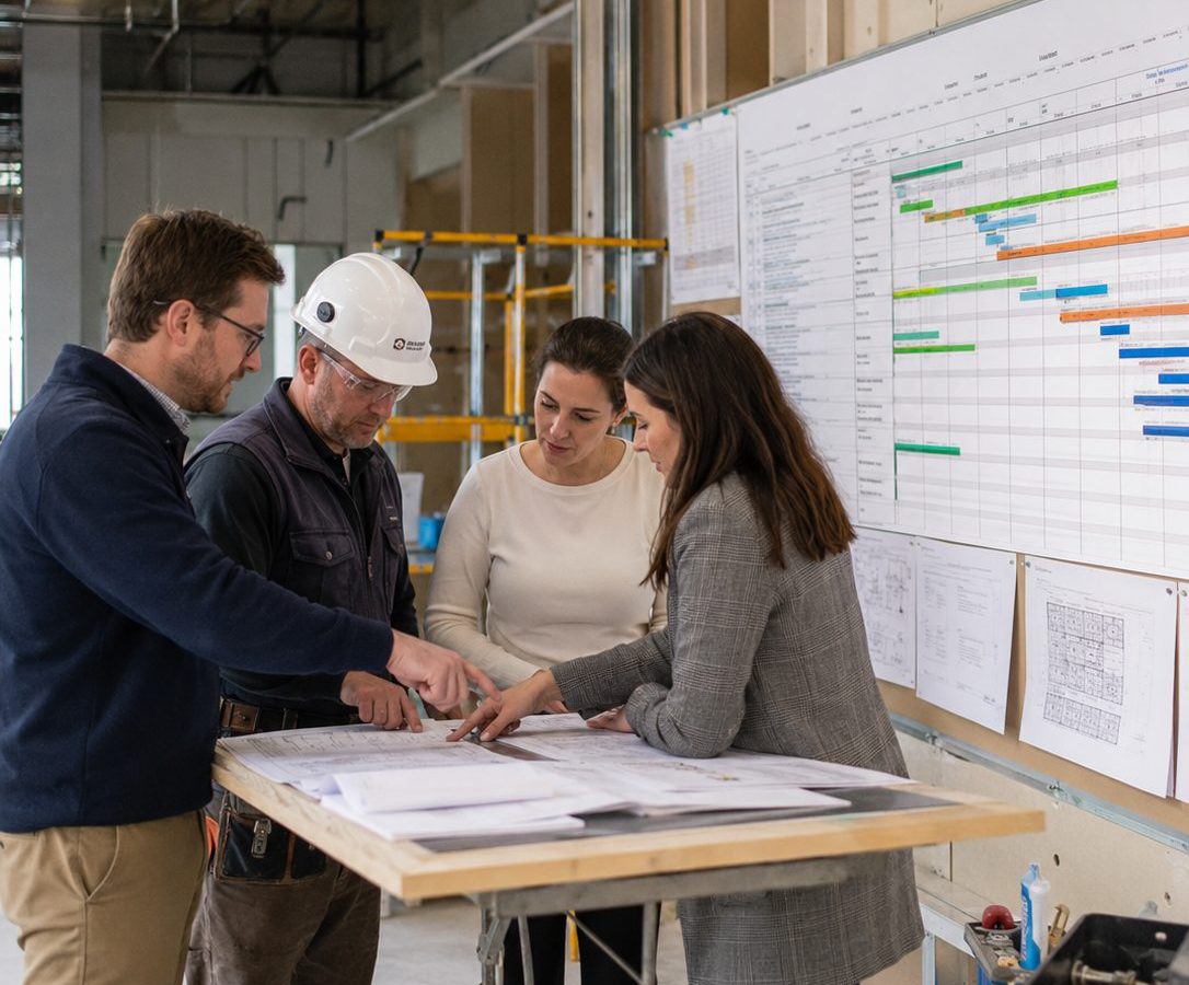 Reunion de chantier avec planning d'avancement affiche, mission d'ordonnancement pilotage coordination