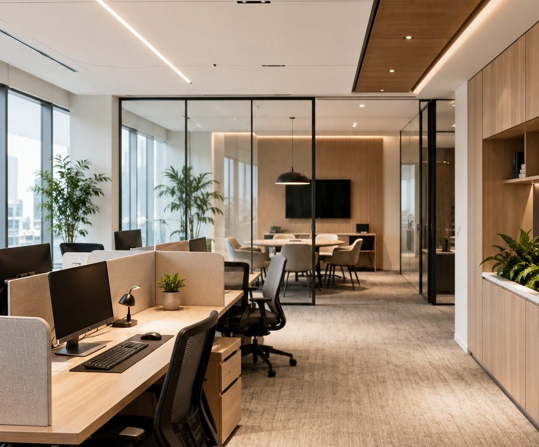 Espace de bureaux open space amenage avec salle de reunion vitree