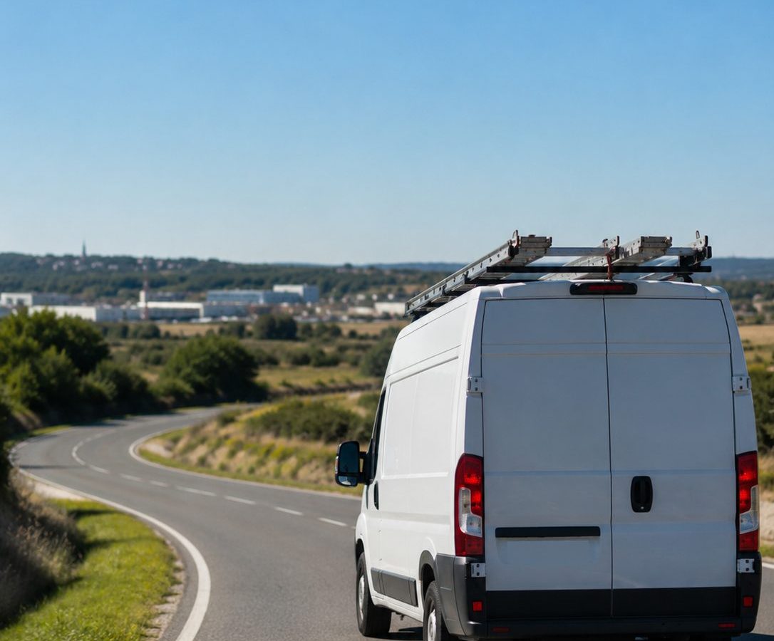 Vehicule utilitaire d'equipe chantier circulant sur une route en dehors d'une agglomeration