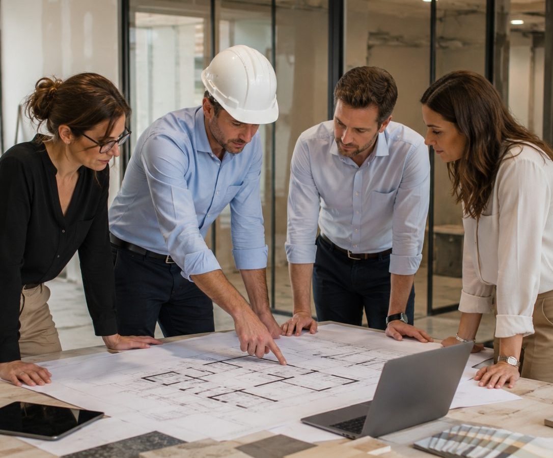 Équipe de professionnels et architecte en réunion de chantier autour de plans et d'échantillons de matériaux